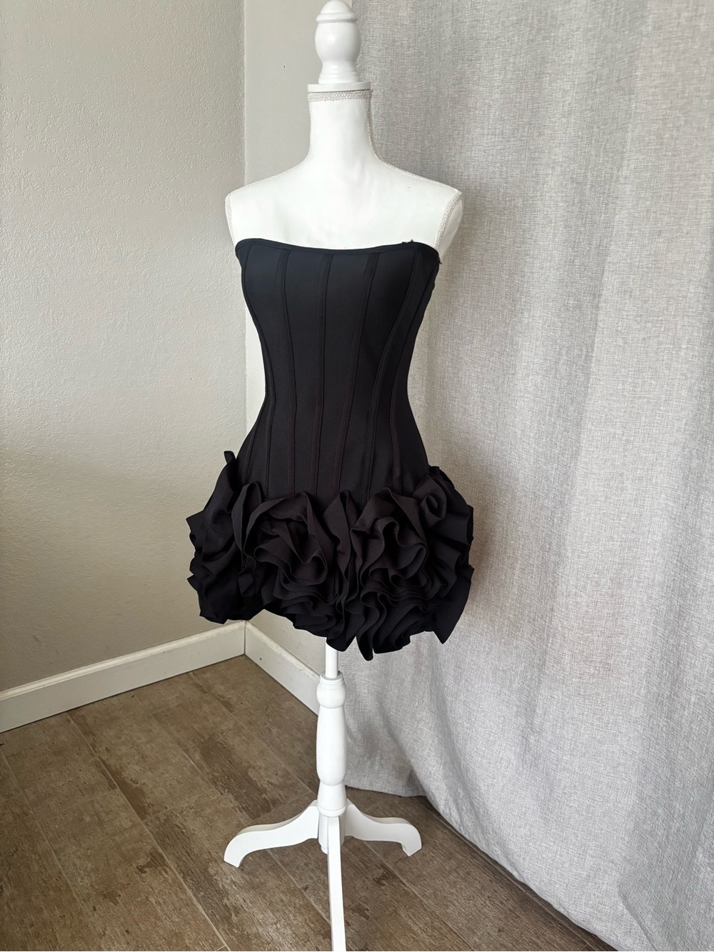 Fashion Nova Black Strapless Ruffle-Hem Mini Dress